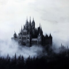 A gothic castle shrouded in mist, emerging from a dark forest, creating an atmospheric and mysterious scene.