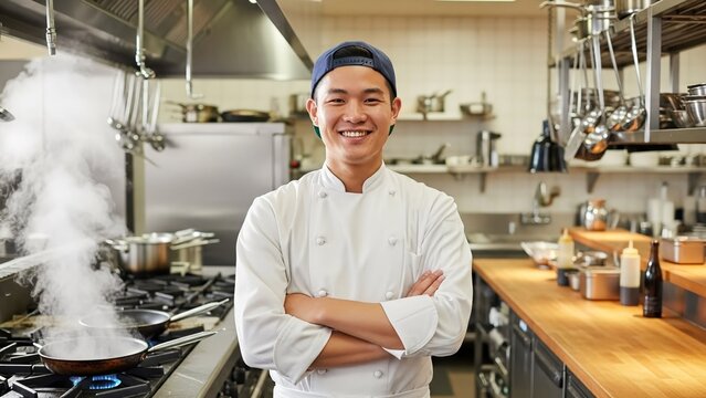 Cheerful Chef in Commercial Kitchen with Steam and Cooking Equipment