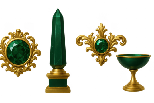 Golden ornate emerald jewelry elements creating lavish fantasy objects