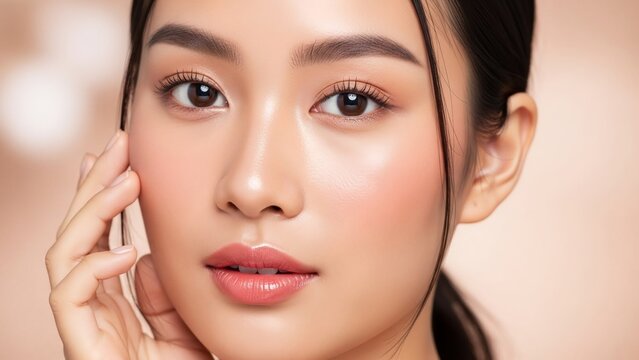 Serene beauty portrait of a young Asian model with flawless glowing skin and a gentle, natural look