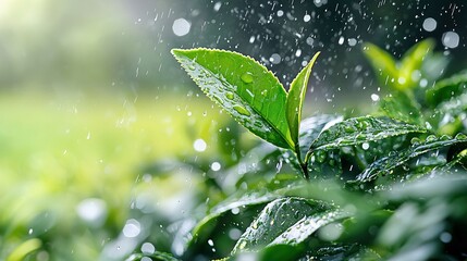 Close-up of green tea leaves with raindrops, showcasing freshness and natural beauty. The image captures the essence of nature with a soft, blurred background.