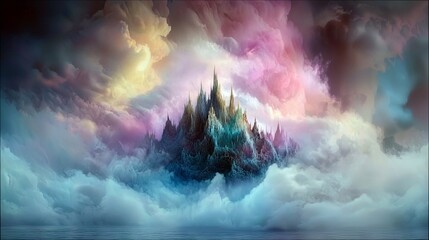 A fantasy landscape featuring a castle rising from clouds and water, with a dramatic, colorful sky.