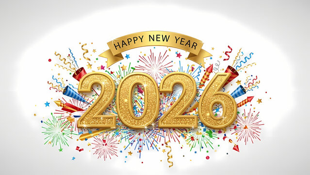 Festive Celebration New Year 2026 with Sparkling Numbers, Confetti and Colorful Fireworks