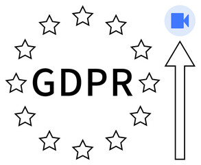 GDPR text surrounded by 12 stars, a rising arrow, and a video call icon. Ideal for data security, privacy policy, compliance, EU regulations, communication, technology simple flat metaphor