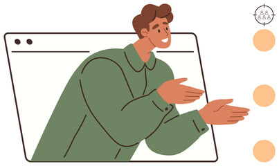 Man extending hands out of a browser window frame, symbolizing online communication, digital interaction, and readiness to help. Ideal for teamwork, training, education, customer support, virtual