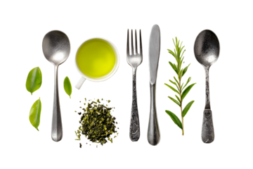 Elegant flat lay of green tea ingredients and utensils on black background