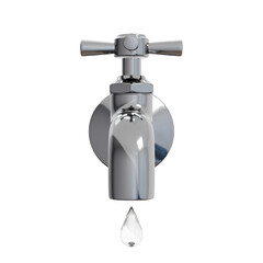 Shiny metal faucet with a cross knob, displayed from the front view with a dripping water drop. Perfect for plumbing ads, home improvement, and utility design projects.