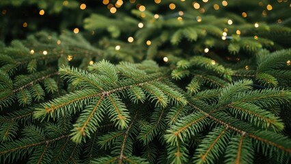 Close-up of vibrant green pine tree branches adorned with sparkling golden Christmas lights, creating a festive holiday background.