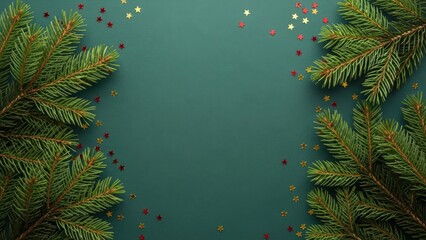 Festive green background with fir tree branches and scattered glitter, perfect for holiday season greetings.