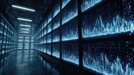 Futuristic ai driven financial management fintech platform concept. Futuristic data center with glowing servers and digital displays.