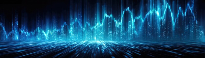 Cinematic market strength via metallic data visualization concept. Abstract blue light waves create a futuristic digital landscape.