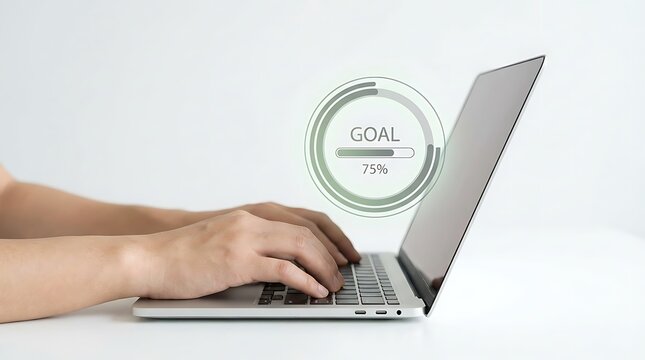Person typing on a laptop with a green circular badge icon above the keyboard.