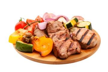 Delicious grilled meat and vegetable skewers platter with fresh ingredients