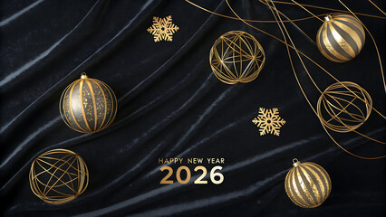 Happy new year 2026 festive composition featuring golden abstract geometric ornaments, elegant striped baubles, and snowflakes on luxurious draped velvet.
