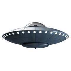 Classic flying saucer with dome and lights against black background isolated on a transparent background
