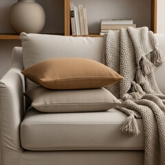 Cozy Sofa with Beige and Brown Pillows