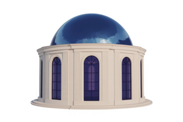 Classical building rotunda with arched windows and blue reflective dome isolated on a transparent background