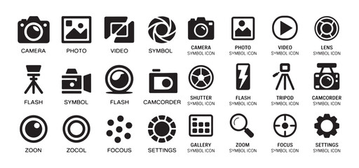 Camera black simple line vector icon set illustration for web mobile and creative design contains icons such as camera flash