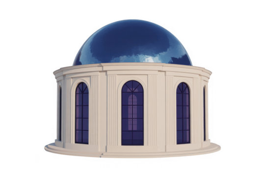 Classical building rotunda with arched windows and blue reflective dome isolated on a transparent background