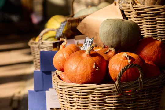 Red Kabocha Pumpkins in Wicker Baskets