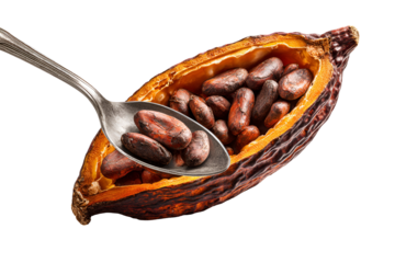 Fresh cacao pod halved with spoon scooping out cocoa beans against black background