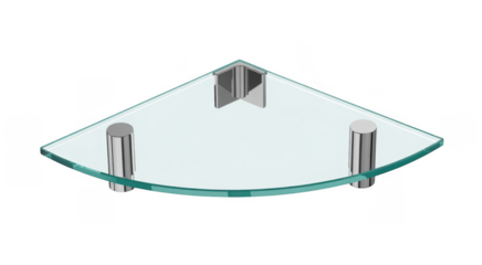 Clear glass corner shelf with polished chrome supports and bracket isolated on a transparent background