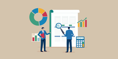 Business professionals analyzing financial data with charts and magnifying glass