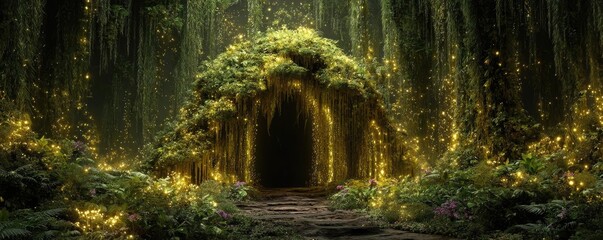 Magical forest cave with glowing vines concept. Enchanting forest glade with glowing plants and a mysterious entrance.