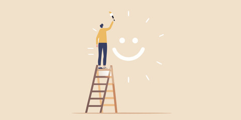 Person painting a smiley face sun on a ladder