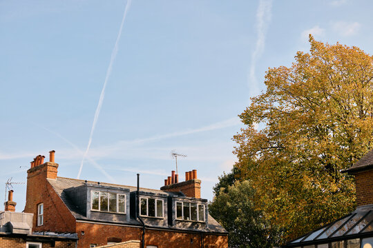 Rooftop View with Contrail-Filled Sky
