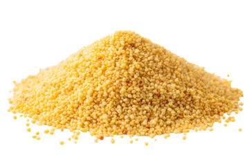 A pile of fine yellow cornmeal or semolina flour on a black background