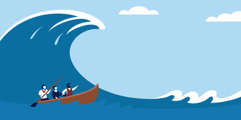 Business team navigates giant wave in small boat