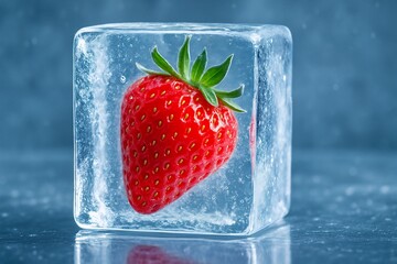 Whole ripe strawberry preserved inside transparent ice cube with frost and bubble details