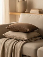 Cozy Sofa with Beige and Brown Pillows