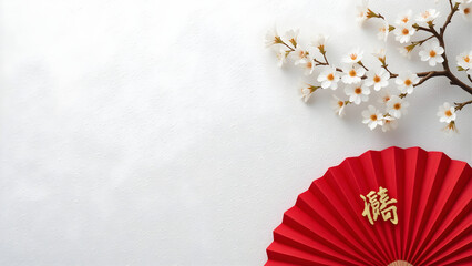 Minimalist Asian-inspired composition with cherry blossoms and red fan on light background ideal for spring, culture, or festive design themes.