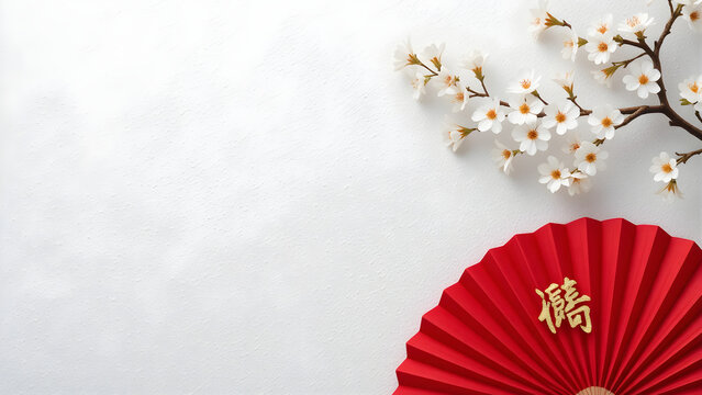 Minimalist Asian-inspired composition with cherry blossoms and red fan on light background ideal for spring, culture, or festive design themes. - Powered by Adobe