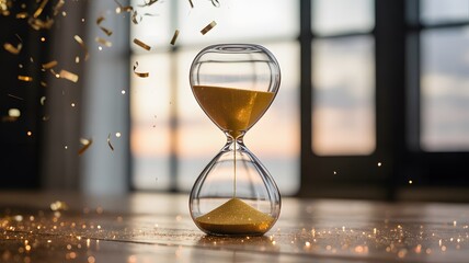 Hourglass with falling gold glitter on table symbolizing fleeting of time