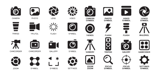 Camera photo lens video symbol icon set, tripod, flash, camcorder, gallery, zoom, focus, settings