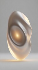 A smooth lustrous amorphous object with warm central glow on a light gray background casting a soft reflection