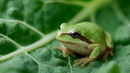 Obraz premium A small, cute, green treefrog amphibian closeup on a nature leaf