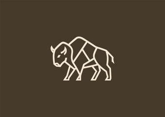 A simple geometric buffalo logo created with clean angular lines highlighting its strong horns and sturdy frame, symbolizing power, resilience, and grounded stability