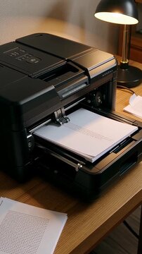 Modern black printer in action printing documents on a wooden desk in a bright office setting