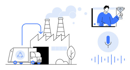 Factory with recycling truck, person holding a trophy in a video call, microphone, and soundwaves. Ideal for sustainability, remote work, awards, eco-friendly initiatives, communication AI