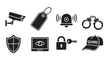 Security Icons Set: CCTV Camera, Tag, Alarm, Handcuffs, Shield, Eye, Lock, Guard Hat Vector Silhouette