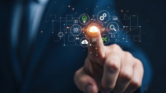 Touching Futuristic Technology Interface, Cloud Computing Concept