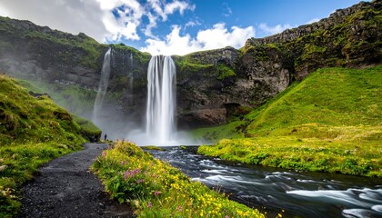 Obraz premium Scenic waterfall cascades with lush green surroundings and cloudy sky