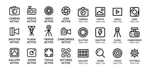 Camera active panel icon set for photography apps including camera photo video lens shutter flash tripod camcorder gallery zoom focus settings