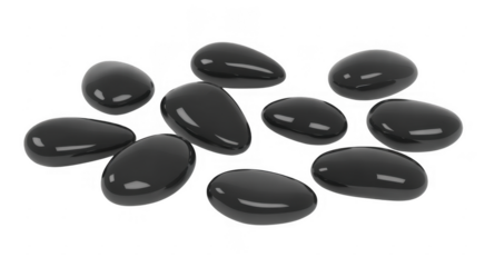 A collection of smooth dark gray oval shaped stones with reflections isolated on a transparent background