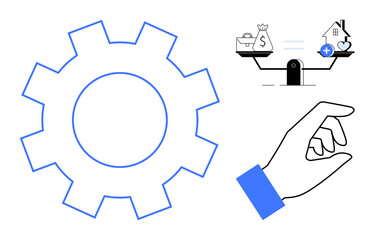 Innovation concept. Innovation highlighted through a gear, a hand gesture, and a balanced ation of finance and healthcare symbols. Innovation promotes technology and balance. Perfect for business