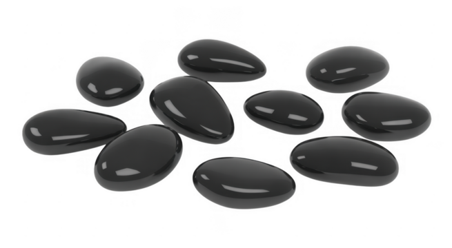 A collection of smooth dark gray oval shaped stones with reflections isolated on a transparent background